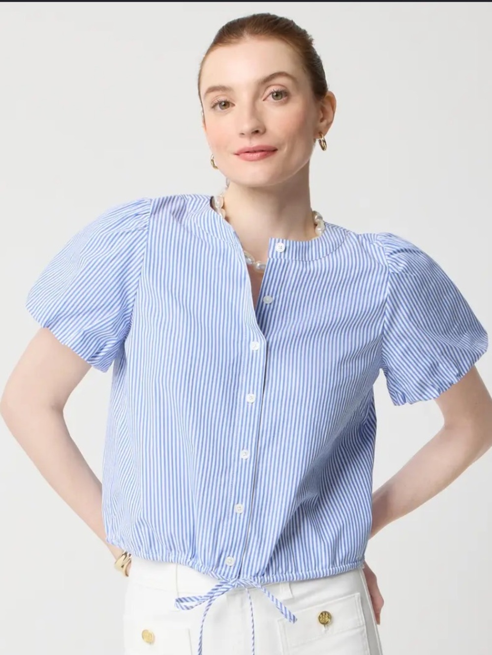 J.Crew Factory Blue White Stripe Puff Sleeve Tie Front Blouse XL Cotton NWT - Picture 2 of 4
